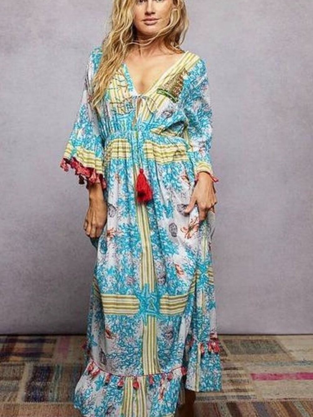 POL Blue and Yellow Floral Maxi Dress with Red Tassel